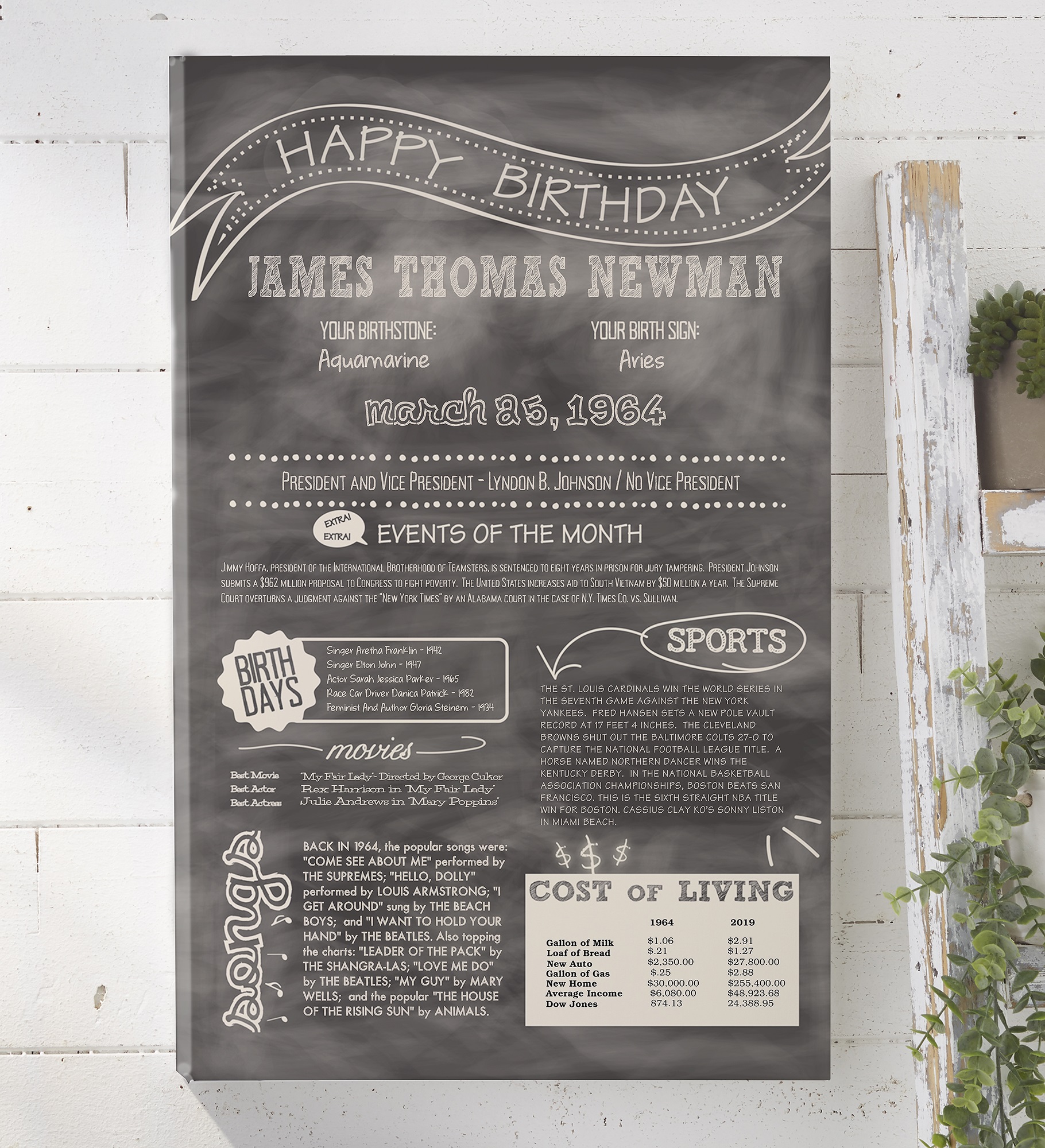 The Day You Were Born Personalized Birthday History Canvas